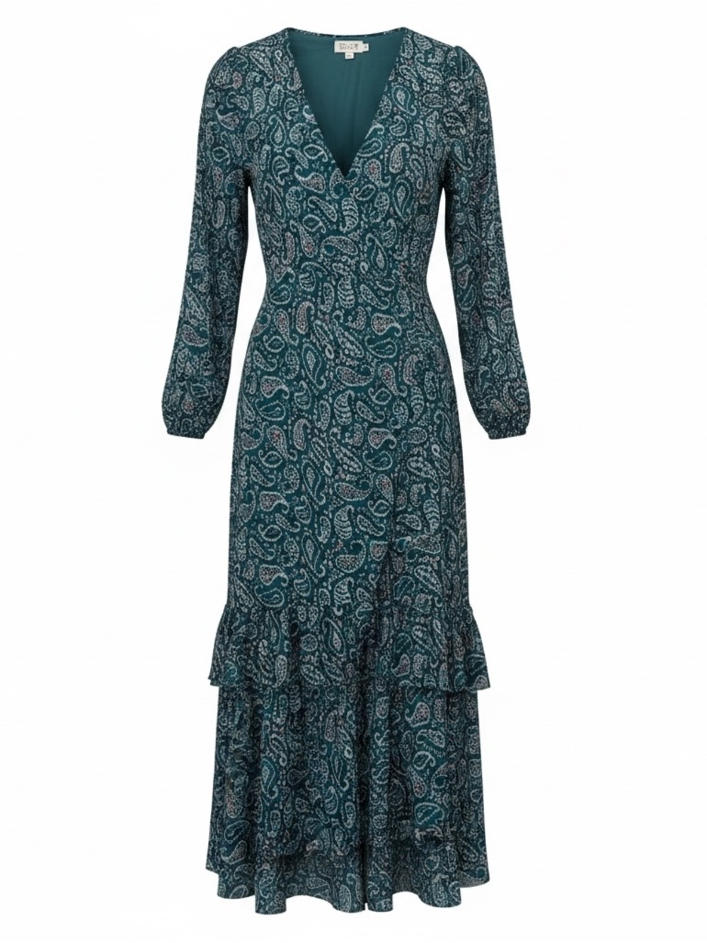 Molly Bracken Teal Paisley V-Neck Tiered Maxi Dress